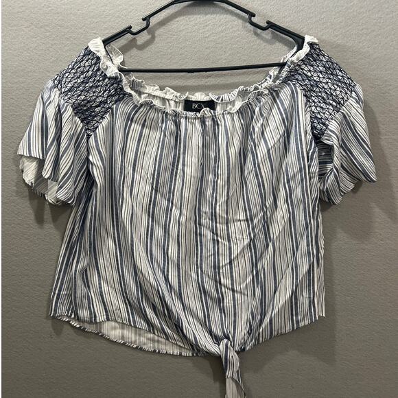 BCX Top Women's XL Blue White Stripe Off Shoulder Front Tie Stretch - Picture 1 of 4